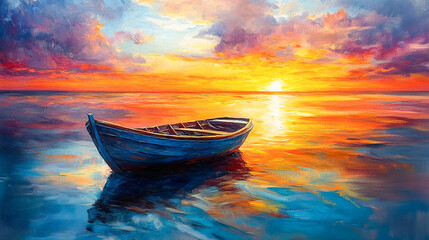 Fototapeta premium Impressionist seascape painting with boat and sun rays on canvas texture. Colorful abstract modern art for background