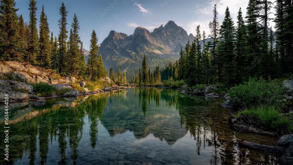 Canvas Prints majestic mountain lake with crystalclear reflections surrounded by dense coniferous trees and rugged