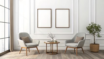 Scandinavian Room with Dual Vertical Frames Above Wooden Table and Armchairs