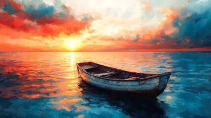 Fototapeta premium Impressionist seascape painting with boat and sun rays on canvas texture. Colorful abstract modern art for background