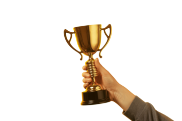 golden trophy held in hand on white background