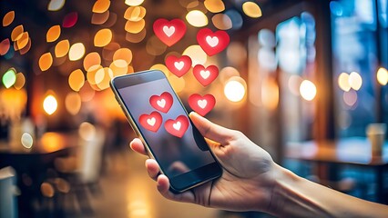 Woman Holding Smartphone with Heart Icons in City Lights