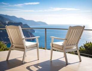 Fototapeta premium Coastal patio chairs overlooking ocean