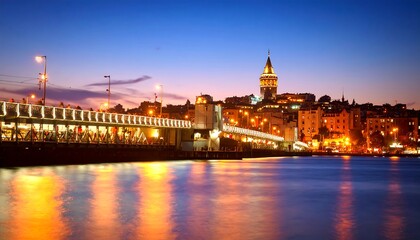 Fototapeta premium Istanbul's Golden Horn at twilight featuring the Galata Tower and vibrant bridge lights