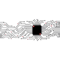 A central microchip with intricate black electronic circuit traces and red connection points on a white background.