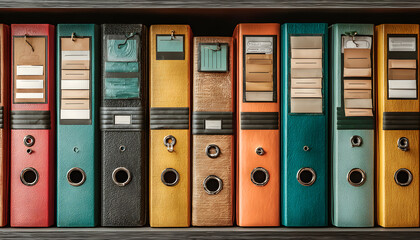 Organized technical documentation manuals in binders. Information stored, accessible. Office documents, reports, handbooks for business, education. Archive, data, files, paperwork, information,