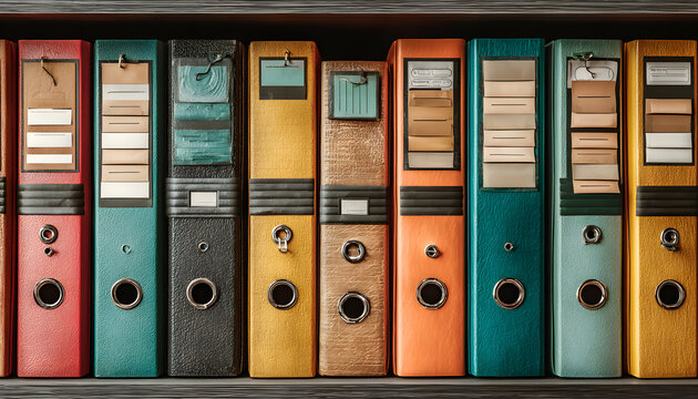 Organized technical documentation manuals in binders. Information stored, accessible. Office documents, reports, handbooks for business, education. Archive, data, files, paperwork, information,