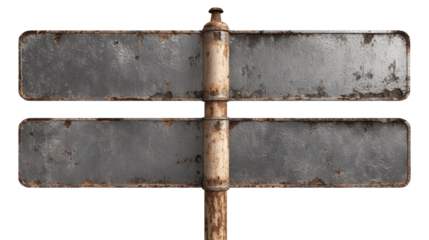 Rusty metal blank sign on the pole with transparent background.