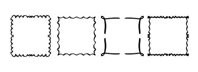 Square hand drawn wavy frame set. Black curly ribbon border collection. Vector doodled lace cadre frames. Curved squiggly border pack for invitation, wedding party, birthday, greeting design