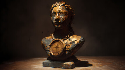 Stone bust with compass face