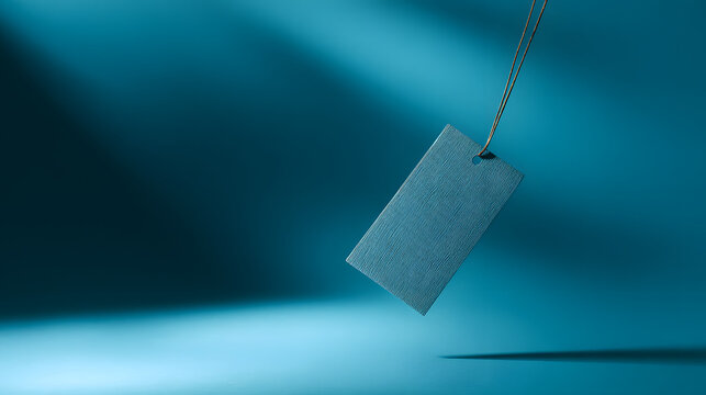 Vintage paper tag floating in blue space with abstract texture, minimalist design concept.