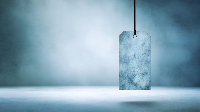 Vintage paper tag floating in blue space with abstract texture, minimalist design concept.