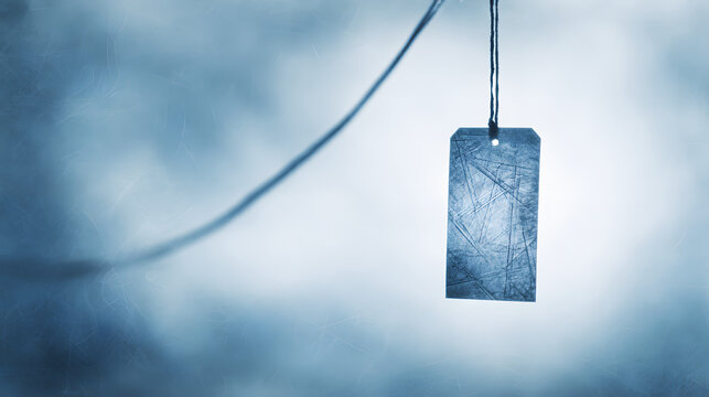 Vintage paper tag floating in blue space with abstract texture, minimalist design concept.