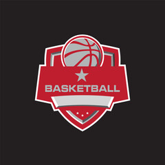 Basketball club logo emblem designs. Sport league team  champion badge with ball vector illustration. Basketball badge patch inspiration