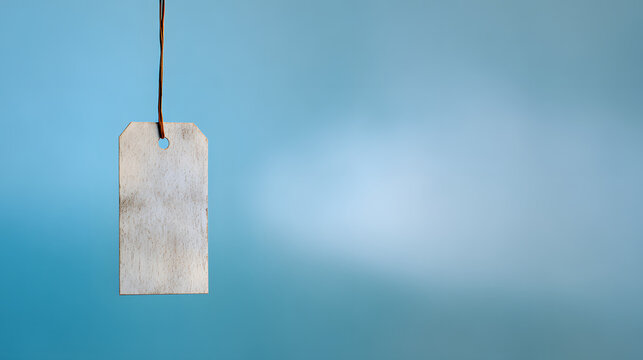 Vintage paper tag floating in blue space with abstract texture, minimalist design concept.