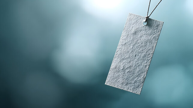 Vintage paper tag floating in blue space with abstract texture, minimalist design concept.