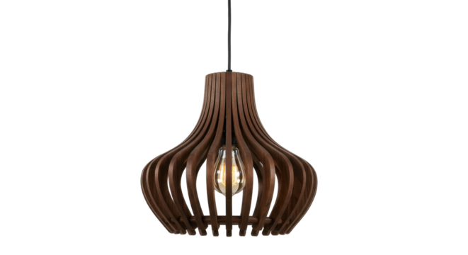 Elegant wooden pendant lamp with unique design, illuminating a modern interior space