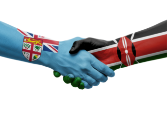 Hands of Fiji and Kenya shaking in unity, symbolizing friendship and collaboration