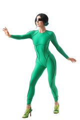 Obraz premium Young woman in futuristic costume with VR glasses on white background