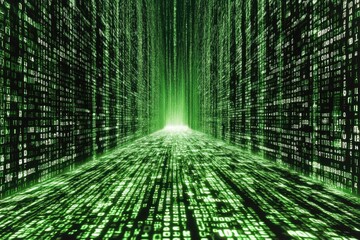 A digital corridor of cascading green alphanumeric characters on a black background, creating a perspective of depth and movement.  Brightest at the vanishing point