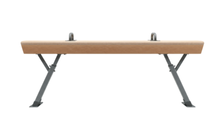 Gymnastics balance beam in a training facility with athletes practicing routines