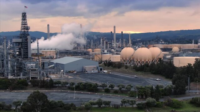 Martinez Refinery, Martinez, California, USA. Oil refinery with storage tanks and processing units emits steam, showcasing energy production and infrastructure.