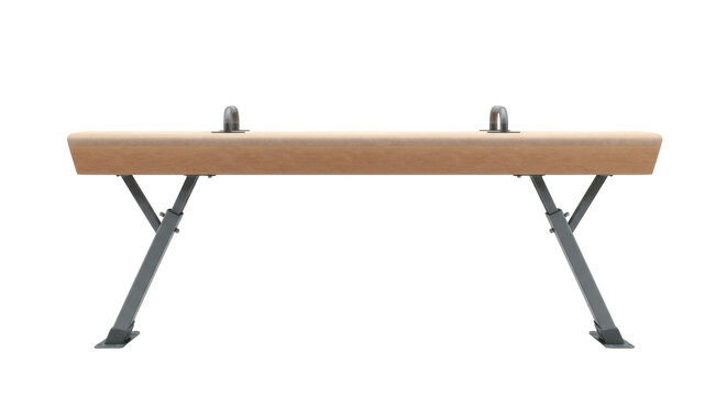 Gymnastics balance beam in a training facility with athletes practicing routines