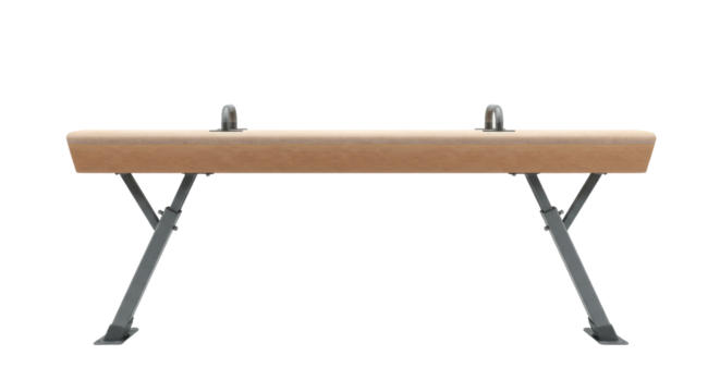 Gymnastics balance beam in a training facility with athletes practicing routines