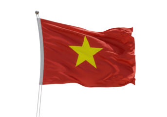 Vibrant red flag with a central yellow star waving against a clear sky backdrop