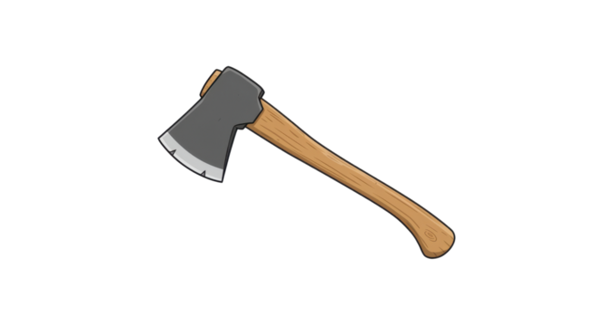 A detailed illustration of a sharp axe with a wooden handle, isolated on a white background