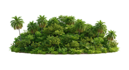 Lush tropical island landscape featuring dense greenery and palm trees under bright sunlight