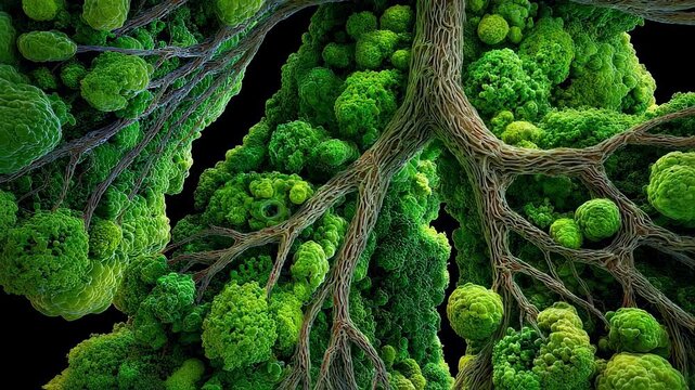 Detailed crosssection of lung tissue with vibrant green mucus plugs clogging bronchial tubes highlighting impaired airflow in cystic fibrosis.