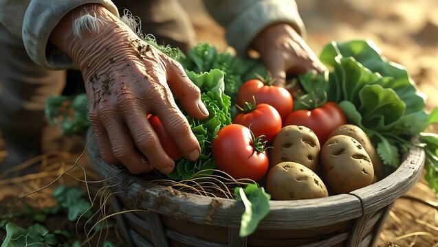Farmer's hands gathering fresh tomatoes and potatoes in a rustic wooden basket during harvest