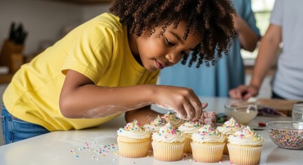 A young girl in a yellow shirt decorating cupcakes with sprinkles.