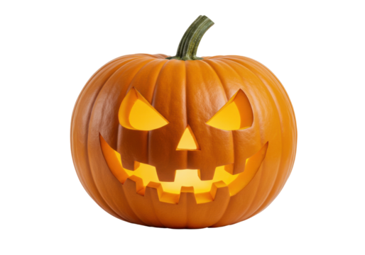 A glowing jack-o'-lantern with a menacing face, set against a dark background, perfect for Halloween