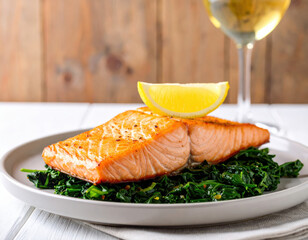 Perfectly seared salmon fillet on a bed of wilted spinach with lemon