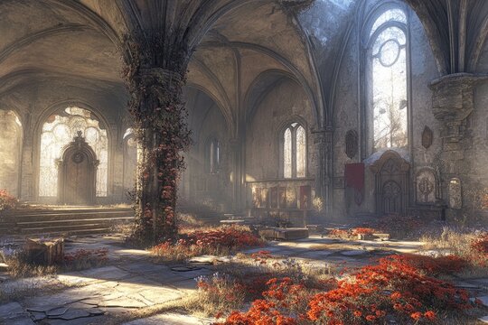 Sunlit ruin of a gothic chapel, overgrown with red flowers and vines, showing stonework, arched ceilings, and shattered windows, dust motes in sunbeams - Powered by Adobe