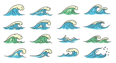 Fototapeta premium Stylized vector illustration of various ocean waves with foam on a white background