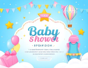 Baby shower invitation, pastel colors, clouds, balloons, and a hot air balloon