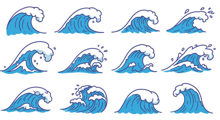 Obraz premium Twelve cartoon waves with blue colors, varying shapes, and white foam detail