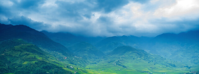 Banner Beautiful Mountain landscape foggy mountain green landscape morning sunrise. Amazing...