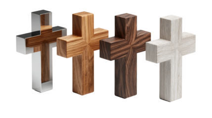Four Christian crosses with different wooden textures stand side by side.