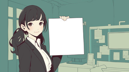 スーツを着た黒髪の女性キャラクターが白背景で無地のボードを持って微笑む日本アニメ風イラスト、ビジネスや告知用途に使える明快な構図と余白デザイン
