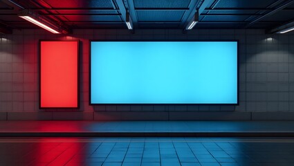 Commercial Display Mockup: Blank Billboard in Modern Train Station with Colorful Ambience Light