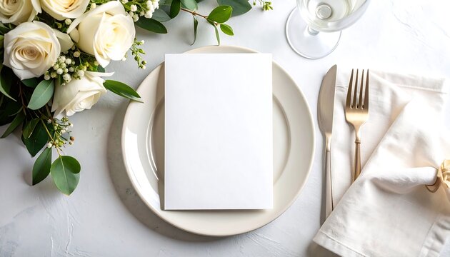 Elegant place setting with blank card, white roses, and gold cutlery
