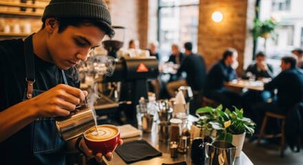 A barista steaming milk for a latte in a busy coffee shop.