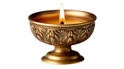 Ornate golden chalice candle burning brightly isolated on transparent background
