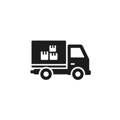 A minimalist black icon of a delivery truck carrying stacked boxes in its cargo area.