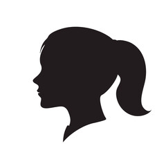 A silhouette of a young woman with a ponytail is isolated on white background, highlighting her elegant profile and attractive hairstyle