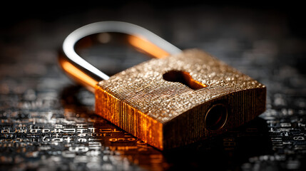 A digital padlock symbolizes cybersecurity, set against a backdrop of coded text, representing data protection and privacy.